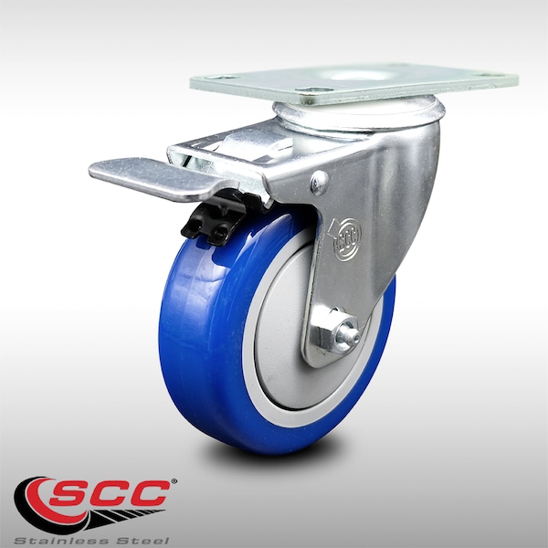 4 Inch SS Blue Polyurethane Top Plate Caster with Total Lock Brake SCC